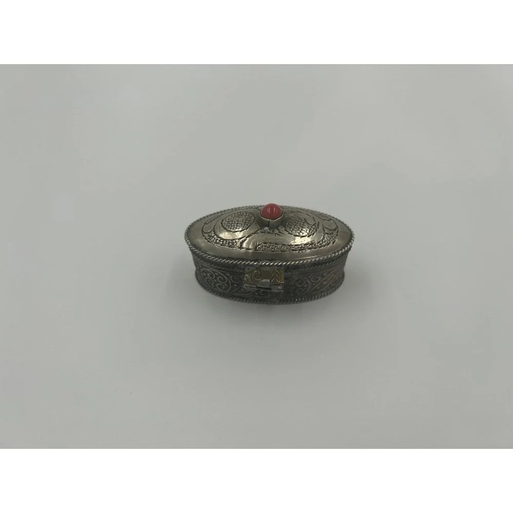 Vintage Berber Metal Pill Box Ornate Coral Genstome Snuff Box